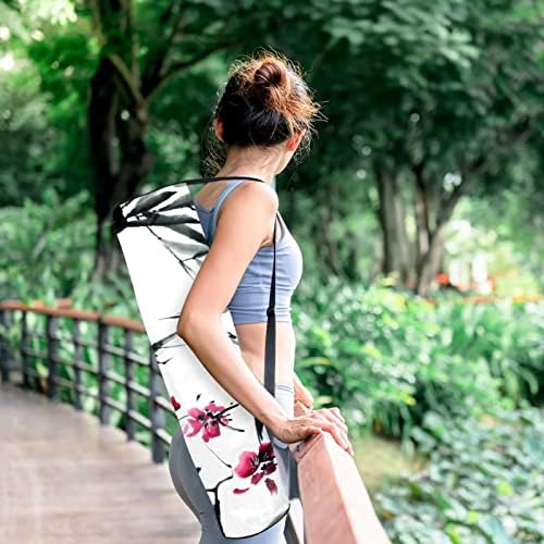 Pintura em aquarela folhas de bambu e bolsa de transportador de tapete de ioga com alça de ombro de ioga bolsa de ginástica