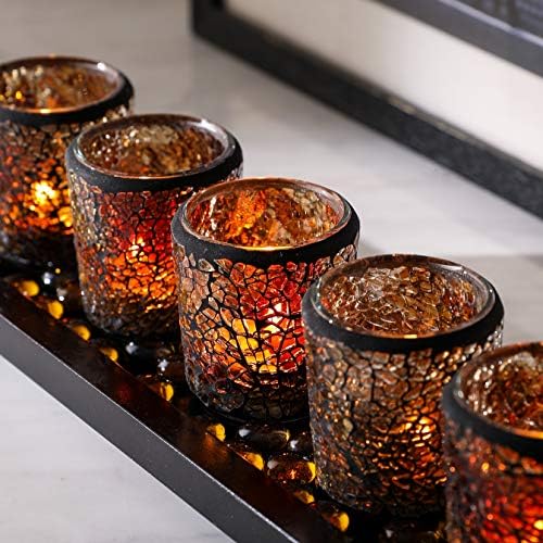 Ushy Housewares | Bolas decorativas | Conjunto de 5 | Esfera de mosaico de vidro e conjunto de velas de vidro em mosaico, bandeja