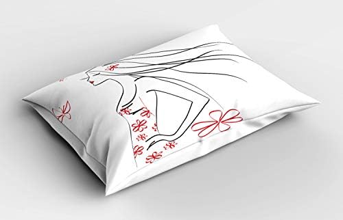 Ambesonne Animal Pillow Sham, jovem de vestido com ornamentais de flores, soprando arte de cabelo, travesseiro impresso em tamanho padrão decorativo, 26 x 20, vermilion cinza a carvão
