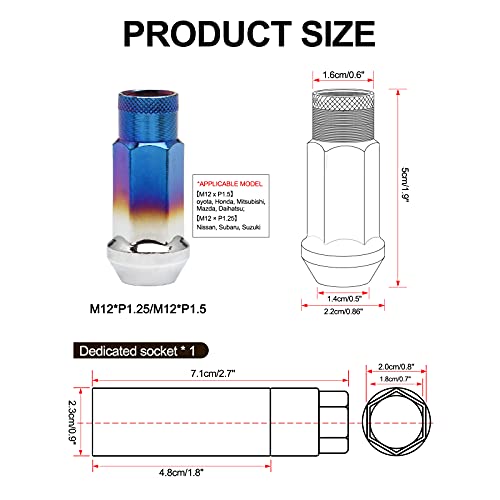Wenjtp 20pcs queimado azul aço forjado de 12 mm*1,25 porcas de ajuste estendidas porcas de roda estendidas compatíveis com extremidade aberta compatível com vários tipos de veículos