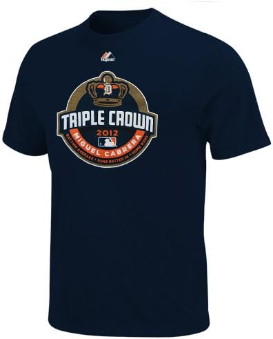 Majestic MLB Miguel Cabrera Detroit Tigers T -shirt comemorativa da Coroa Tripla Tigers - azul marinho