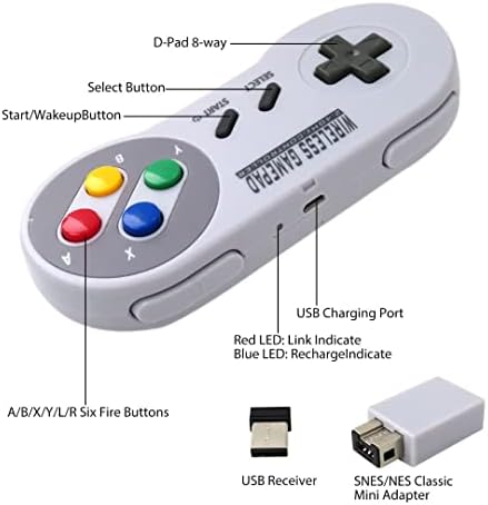 2PCS Controlador USB retro sem fio para SNES, controlador recarregável compatível com PC, notebook, MacBook; Smartphone Android