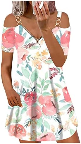 Vestidos de praia femininos de verão estampa floral fora de ombro vestido de manga curta zíper profundo v colunas soltas vestidos