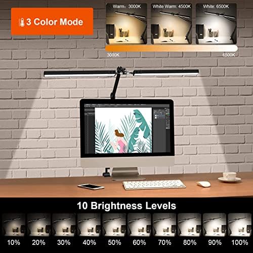 Lâmpada de mesa brilhante de 24W com grampo - 3 modos de cores e diminuição - ideal para escritório em casa, estúdio e leitura