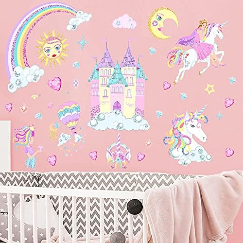 Castelo unicórnio decalques de parede Princesa refletindo com cardíaco Rainbow Vinil Wall Stickers Gifts for Baby Girls Bedroom Party Decoration
