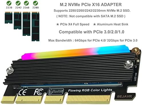 BEJAVR M.2 PCIE NVME Adaptador SSD Card SSD com barra de luz RGB e solução de invasor de calor de alumínio, suporta slots PCI-Express 3.0 4.0 e X4 x8 x16.