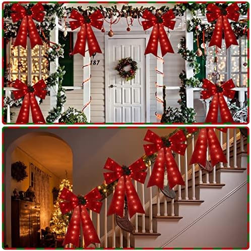 6 peças 22 polegadas LED Red Christmas Wreath Sexos Glitter Glitter Christmas Ornamentos de arbustos com pinheiros, PVC Xmas se inclina com luzes de Natal LEDs quentes para decoração de casa de natal externo