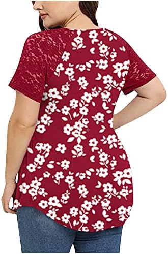 Túdos de túnica de grandes dimensões para mulheres Trendy Floral impresso camiseta v Lace de arco de pescoço Blushs casuais de verão de manga curta