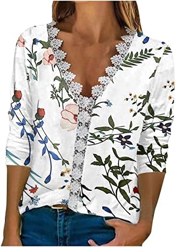 Túnica casual para mulheres vestidos vases de pescoço de arco de renda camiseta moderna estampada floral 3/4 mangas blusa camisas de verão