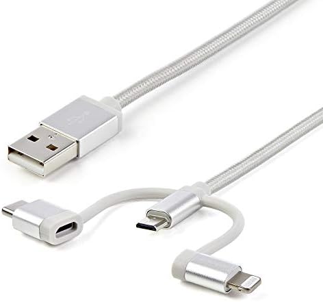 Startech.com Cabo de carregamento múltiplo USB - 3,3 pés / 1m - Lightning / USB -C / Micro -USB - trançado - Certificado MFI - USB 2.0 - 3 em 1 Charging Silver