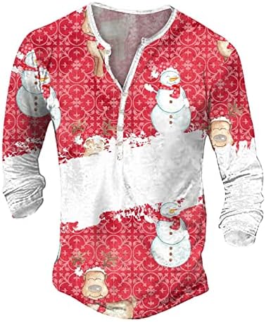 Wocachi Christmas Henley camisas para homens feios de natal rena Snowflake Impressão de manga longa V Botão de pescoço para