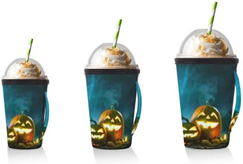 Lanterna de abóbora de Halloween 33 Manga de café gelada reutilizável com manga de xícara de neoprene para refrigerante,