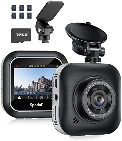 Spedal Dash Cam Front com Cartão SD SD de 32 GB 1080p Câmera de carro HD Full 2560x1440p HD F1.6 Aperture Register Ultra Night Vision 150 ° de ampla câmera de painel inteligente para carros, registro de loop, G-sensor