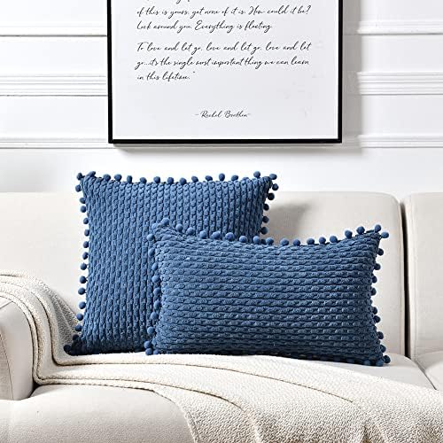 Conjunto de homi chiques de 2 capas de travesseiro decorativo azul empoeirado 18x18 polegadas com pom-poms para sofá de sofá, rústica