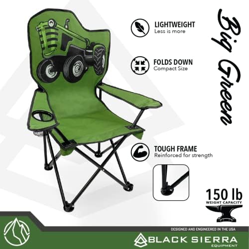 Black Sierra Big Green Green Junior Quad Cadeir Kids dobring Camping Chair com porta -copo Tractor dobrável Kids Lawn Chair com