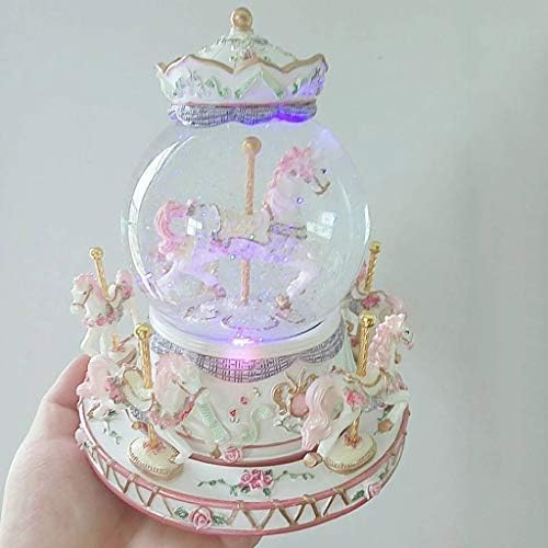 Caixa de música de resina Luxury Carousel Glass Ball Six Horse Music Box Castle Aerial Melhor Presente de Aniversário Pink-Breno