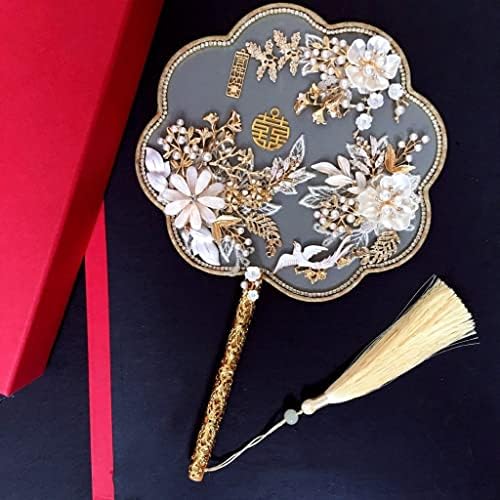 SXDS Gold Bridal Hand Bouquets Tipo de ventilador Flores artesanais Feridas de metal chinês Round Round Fan Wedding Acessórios