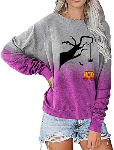 Mulheres Halloween Matalha longa Moletom de gato Funny Spider Print Print Sweet Top Gradient Crewneck Pullover Sweethirts