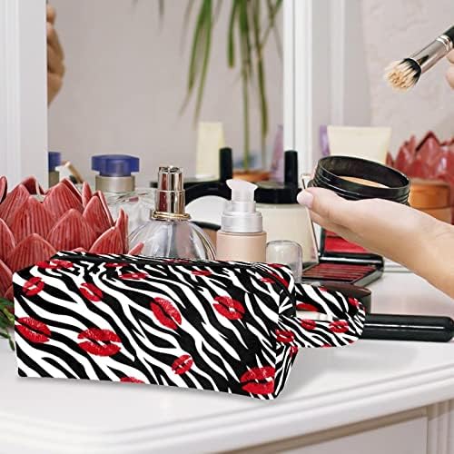 Saco de maquiagem pequeno, organizador cosmético da bolsa com zíper para mulheres e meninas, Padrão de Zebra Lips Vintage