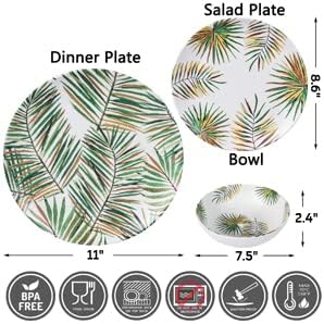 12 peças Melamine Dinnerware Settings definidos para uso diário, lavadora de louça Seguro, serviço para 4, folhas de palmeira