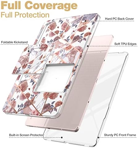 Suritch Samsung Galaxy Tab S7 FE Caso para tablet S7+ Plus, S8+ Plus, Protetor de tela embutido e Pen do suporte para o corpo inteiro Tampa protetora à prova de choque com Kickstand dobrável, mármore de rosas