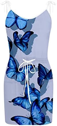 Vestidos maxi para mulheres Mulheres Summer Casual Strap Vestido de bolso Pocket Butterfly Print Casual Dress todo o verão