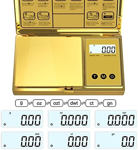 Escala de grama digital com capacidade de 200g x 0,01g, capa e plataforma elegante e banhada a ouro para uma pesagem precisa