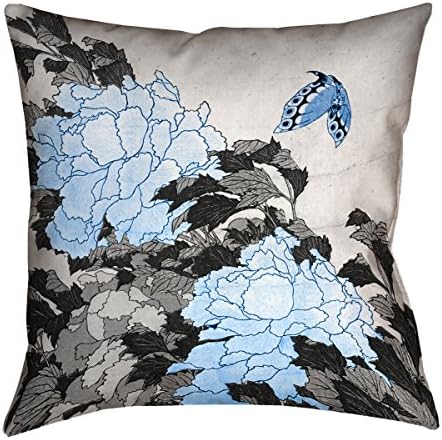 Artverse HOK055P1818D PEONIAS E BORBERFLY com travesseiro de detalhes em azul, 18 x 18
