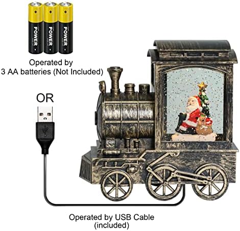 Faramente iluminada lanterna musical de neve de Natal com timer, operação de bateria e água giratória alimentada por USB e giro de trens glitter de forma de férias decoração