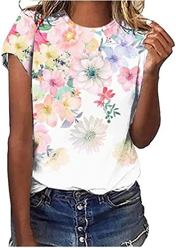Camiseta floral feminina Tirador redonda Tirador Topo Top casual Manga curta
