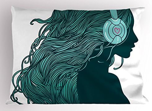 Ambesonne Music Pillow Sham, DJ Girl Perfil com cabelos compridos em fones de ouvido silhuetas de partida estampa de festa, almofada de tamanho padrão decorativo, 26 x 20, azul -petróleo branco