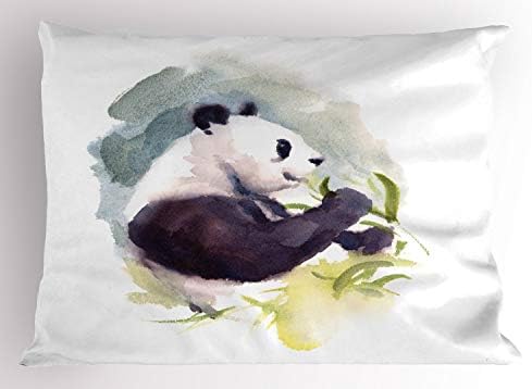 AMBESONNE PANDA PROFRILHO SHAM, Ilustração em aquarela de um Panda Comer Bambu Folhas Padrão Animalista de Visão Lateral, Tamanho Padrão