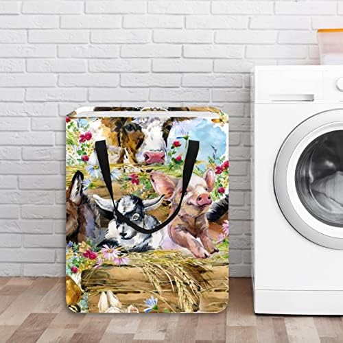 Animais de fazenda em aquarela Prinha cesto de lavanderia dobrável, cestas de lavanderia à prova d'água de 60l de lavagem de roupas de roupas de roupas para dormitório para o dormitório quarto do banheiro