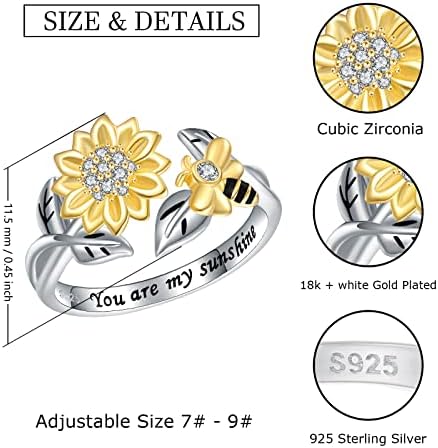 Anel de abelha girassol em prata - 925 Sterling Silver Silver ajustável Ansiedade Bumble abelha com anel de jóias de