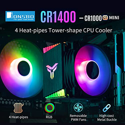 Jonsbo CR1400 RGB CPU Cooler, 4 tipos de calor, ventilador de 126 mm RGB CPU, ventiladores removíveis de 92 mm PWM, finzas de finzas, refrigerador de CPU RGB de 4 pinos, iluminação RGB para AMD Ryzen/Intel LGA 1700 115X, Black