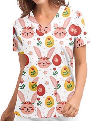 Moda feminina Páscoa Scrub_tops Manga curta V T-shirt Tops camisetas coloridas Conelas estampadas com bolsos
