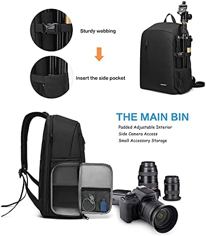 Backpack da câmera Mosis, DSLR/SLR/Mirrorless Photography Câmera Bolsa de câmera lateral Caixa lateral com suporte para tripé e compartimento de laptop de 15 a 16 polegadas compatível com Canon/Nikon/Sony/Laptop, Black