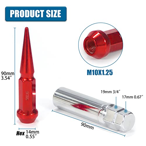 Jiiinmiiin m10x1.25 porcas de pico de aço longo, inclinação de rosca 10x1.25, conjunto de 16 porcas de roda ATV com um soquete. [Vermelho]