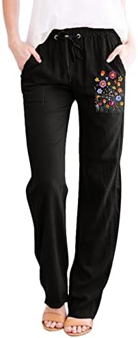 Calça de perna larga de linho Kcjgikpok, calça de linhagem de algodão com cordão larga de cintura alta com calça de lounge de bolsos com bolsos