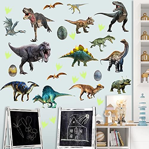Os decalques de parede de dinossauros brilham nos adesivos de parede de dinossauros escuros removíveis decoração de parede de tyrannosauro e ovos de dinossauros e mural de parede de parede de pata para crianças quarto de berçário quarto decoração de sala de aula em sala de aula