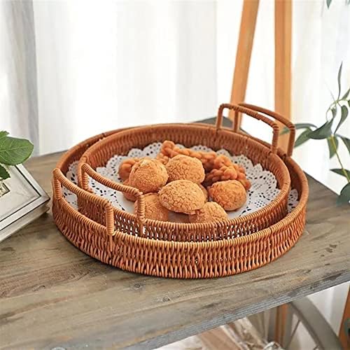Fuuie Picnic Basket cesto de piquenique bandeja de armazenamento de vime com maçaneta de madeira cesta redonda pão alimento prato