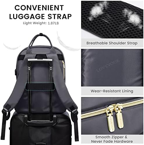 Backpack de laptop LoveVook Meninas trabalham mochila, mochila casual de 15,6 polegadas e mochila de viagem com porta de carregamento USB, cinza escuro.