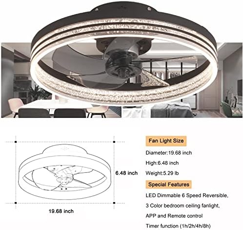 Ventilador de teto de gesum com luzes App & Remote Control, 19,7 polegadas modernas de baixo perfil de perfil sem lâmina ventiladores de teto advertível 3 cores, fã de teto inteligente de montagem nivelada com luzes para o quarto, sala de estar