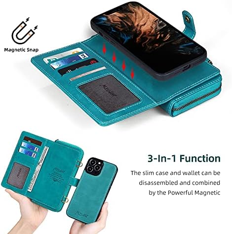 YSW para iPhone 13 Pro Max Wallet Case, caixa de bolso de bolso magnético de couro com zíper multifuncional com suporte de caça