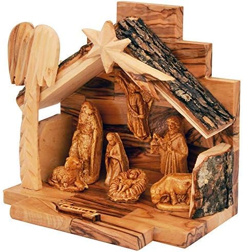 A loja de presentes de Jerusalém desde 2004 Natividade de madeira de azeitona com estatuetas | Telhado de casca estável | Feito