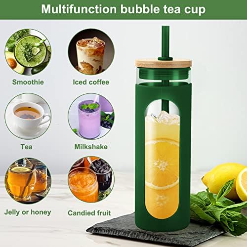 Vaikaxy 20 onças de vidro com tampa de bambu e palha, copo de café gelado reutilizável com manga de proteção de silicone - BPA grátis