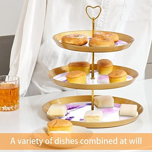 Exibir para pastelaria com 3 bandeja de porção redonda em camadas, suporte da árvore da torre de cupcake de lavanda, massa de