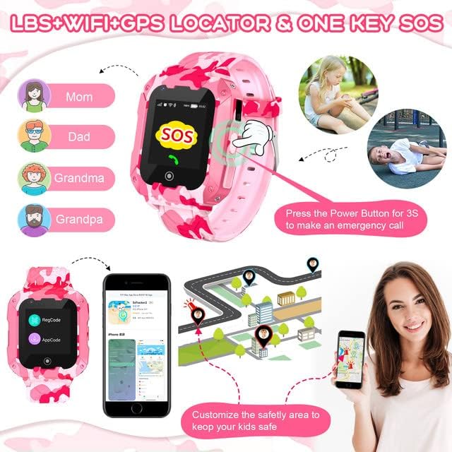 4G Smart Watch for Kids with SIM Card, Kids Phone SmartWatch GPS Tracker, texto, chamada, voz e vídeo Chat, alarme, câmera, SOS, Face Desbloqueie Touch Tela Wrist Relógio 4-12 Gifts Girls Girls, Camouflage Pink