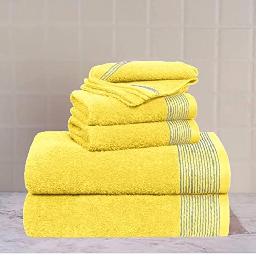 Belizzi Home algodão Ultra Soft 6 Toalhas de matilha Conjunto, contém 2 toalhas de banho 28x55 polegadas, 2 toalhas de mão 16x24 polegadas e 2 panos de lavagem 12x12 polegadas, leve e altamente absorvente - amarelo