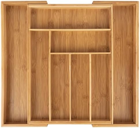 Organizador da gaveta da cozinha de bambu - ajuste facilmente a largura da bandeja de madeira no tamanho da gaveta, profunda o suficiente